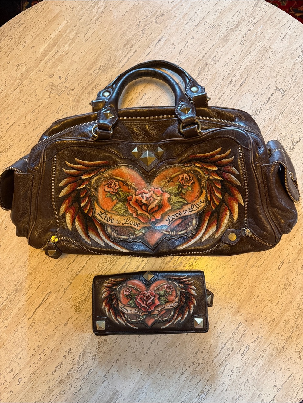 Brown Leather Heart & Wing Painted Satchel with Matching Wallet